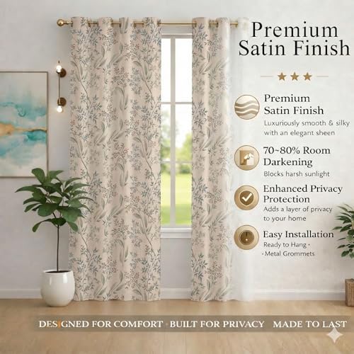 Image of STITCHNEST 'Florea Series' Premium Satin Room Darkening Curtains 7 Feet Long Set of 1 | Door Curtain 7 x 4 Feet | Blocks 70-80% Light | Ideal for Bedroom, Living Room & Home Decor