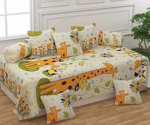 WELLNEST Microfiber Unique Animal Cartoons 250TC Diwan Set of 8pcs - Single Bedsheet with 2 Bolster Covers and 5 Cushion Covers - Giraffe - 60x90 inches