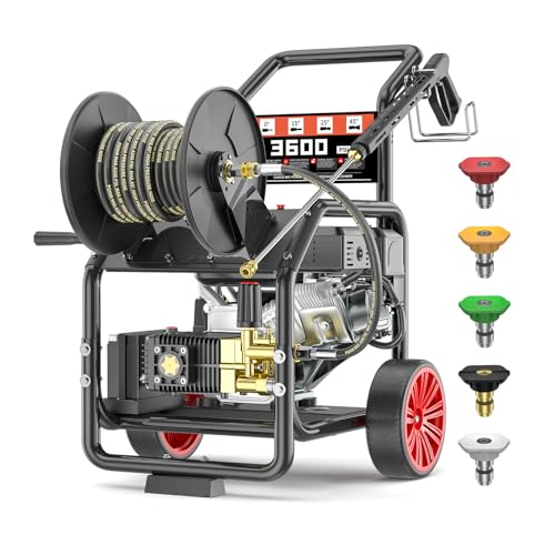 KARHDIR 3600 PSI Gas Powered Commercial High Pressure Washer with 212cc 4HP Engine 3.3GPM Electric Start, Includes Hose Reel 50 FT 3/8 inch Hose 5 Quick Connect Nozzles Spray Gun and Wand