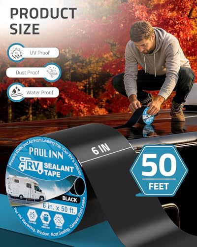 Image of PAULINN Butyl Sealant Waterproof Tape, 6 Inch X 50 Foot Camper Roofing Tape Black, UV & Weatherproof Roof Seal Tape for RV Camper Trailer Boat Window Sealing Leak Repair