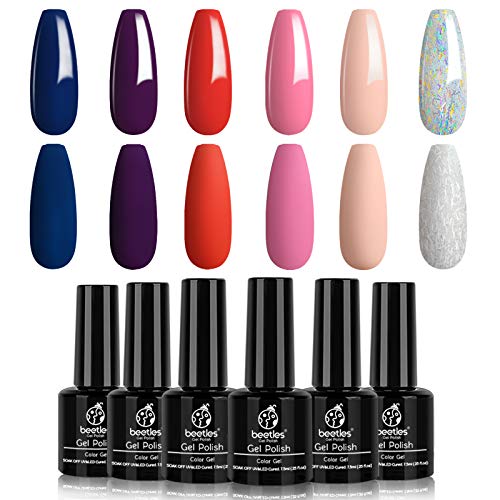 Beetles Gel Nail Polish Kit- 6 Colors Gel Polish Set Glitter Nail Polish Soak Off Nude Red Deep Purple Gel Nail Kit Nail Art Manicure Salon DIY at Home