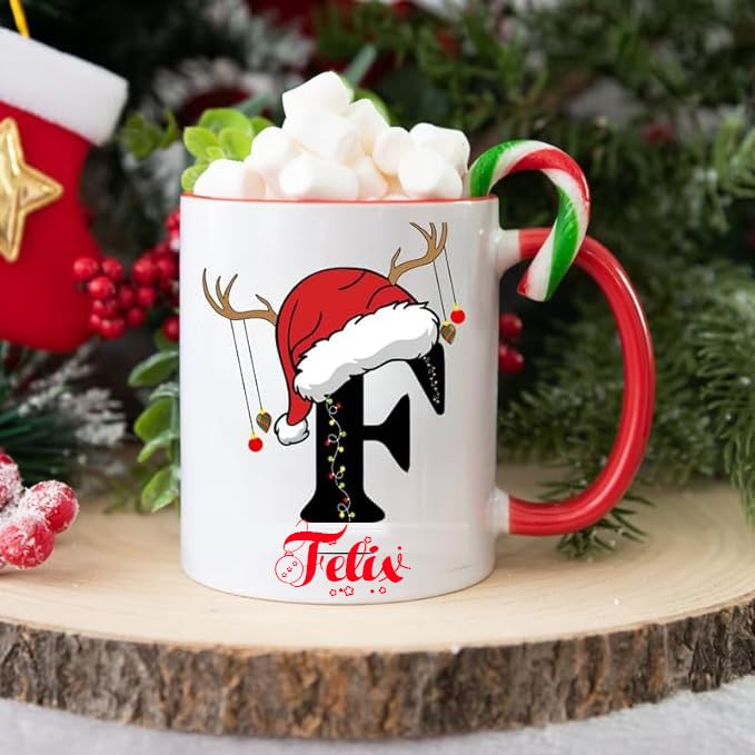 DAYS Personalised Name Merry Christmas Santa Ceramic Coffee Mug Gift for Family Friend Office Colleague Souvenir Gifts for Kids Christmas and Happy New Year Gift for Kids Girls Boys Alfabet F
