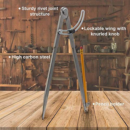 Offidea Professional Woodworking Compass with Wing and Pencil Holder, 12 Inch - Ideal Large Compass for Geometry, Drawing, Drafting - Perfect Pencil Compass for Carpenter