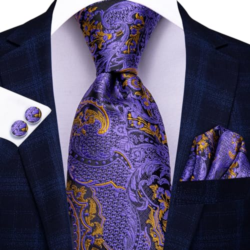 Image of Hi-Tie Paisley Floral Ties Set for Men Silk Mens Stripes Necktie Pocket Square Cufflinks Set Formal Business