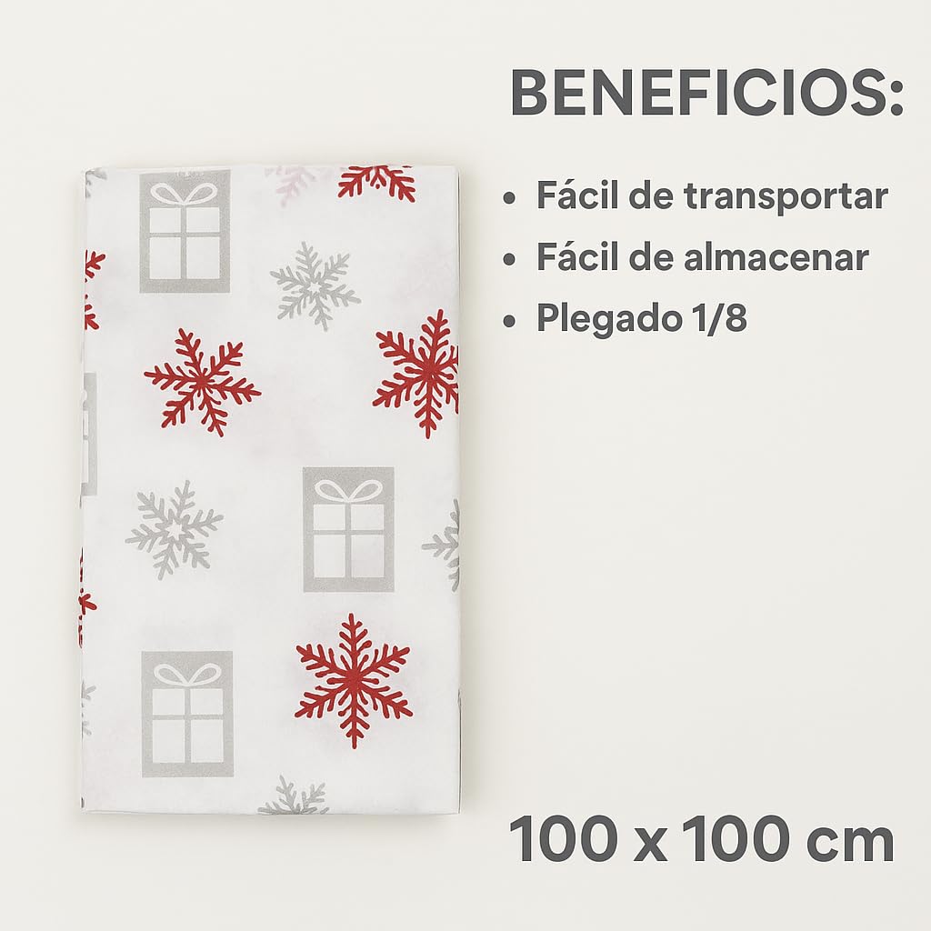 Mantel de Papel Navidad 100x100 cm Plegado 1/8 | Diseño Estrellas Rojas | Paquete 50 uds - 250 uds | Desechable, Decorativo y Compacto | Ideal Hostelería, Fiestas y Eventos. (250, copos rojos)