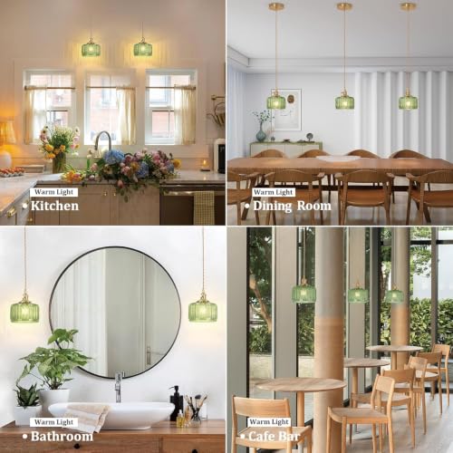 Image of Shenmoyl Pendant Light 2 Pack with Green Striped Glass Lmapshade, Brass Vintage Pendant Light Adjustable Hanging Light for Kitchen Island Dining Room Hallway