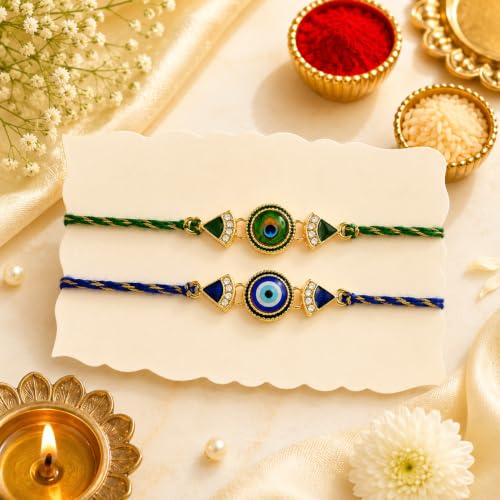 Image of CraftVatika Evil Eye Rakhi with Gift for Brother Boy Men, Designer Peacock Feather Rakhi Set for Brother, Premium Rakhis for Rakshabandhan with Fridge Magent Gift, Best Wishes Card and Tillak Set