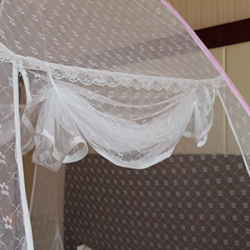 Image of VERDIOZ WITH DEVICE White Embroidery Mosquito Net for Single Bed Size Machardani Foldable, for Adult | Kids | Baby, Corrosion Free Wire with Saviour Kit (Single Bed Size, 120X200X145 cm, Pink)
