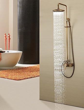 Antique Brass Tub Shower Faucet with 8 inch Shower Head + Hand Shower