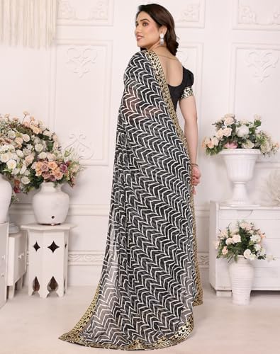 Image of Yashika Women's Printed Georgette Printed Saree With Lace Border and Blouse Material