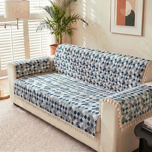 Image of Story@Home Sofa Cover with Tassel for 2 Seater Sofa | Full Protection for Seat Back & Arms | Quilted Velvet Anti Slip Sofa Mat for 2 Seater with 2 Armrest Covers (152x122 Cm) - Grey & Cyan