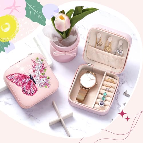 Image of Hinly 2 Pcs Portable Diamond Painting Jewelry Storage Box DIY Diamond Art Accessories PU Leather Jewelry Ring Organizer Case Travel Jewelry Organizer(Butterfly and Flower,Bright Color)