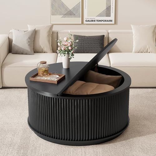 LYNCOHOME 31.5 Fluted Flip Top Round Coffee Table with Storage Drum Coffee Table Modern Coffee Table for Living Room Center Table for Living Room Home Office Black