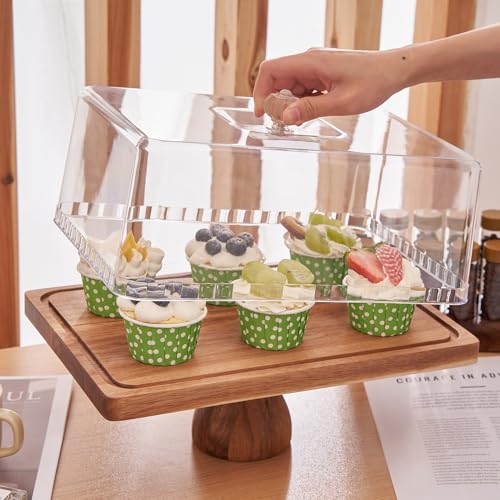 Cake Stand with Lid, 13? Rectangular Multi-Functional Cake Holder, Acacia Solid Wood 2-in-1 Dessert Table Display Set, Charcuterie Board for Cheese,Fruit Platter, Large Acrylic Cake Dome Cover