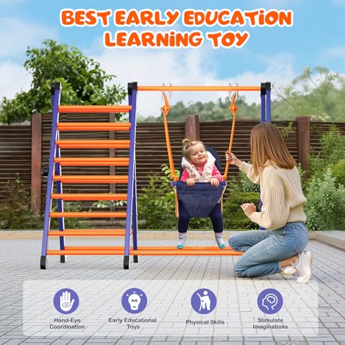 Climbing Toys and Baby Swing Set for Kids Toddlers Aged 1-3, Jungle Gym Pikler Triangle & Metal Swing Set Foldable 2-in-1 Montessori Baby Playground for Indoor Outdoor Backyard