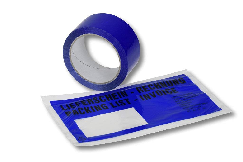 Lot de 1 000 Enveloppes d'Expédition Colis + 6 Bandes d'Emballage. Couleur : Bleu.