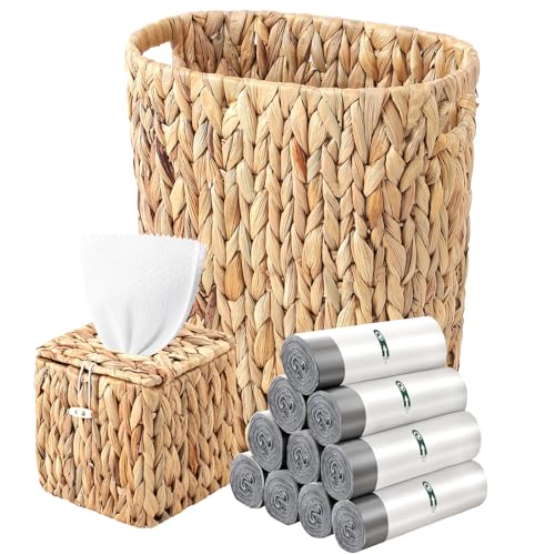 Image of BSSN 4 Gallon Wicker Trash Can Handwoven Bathroom Trash Can,Square Water Hyacinth Tissue Box Cover, Narrow Small Waste Basket,White 150 Count 5 Gallon Trash Bags Rustic Decor Set for Bedroom & Office