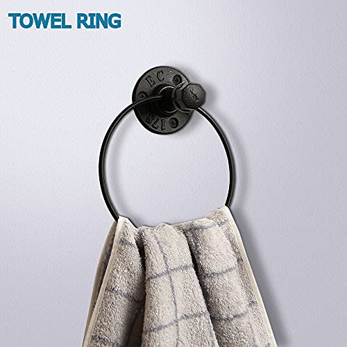 3-Pack Industrial Pipe Bathroom Hardware Accessories Set, Include 2 Robe Coat Towel Hook And 1 Towel Ring For Hanging. 1/2" Inch Threaded Heavy Duty Wall Mounted Rustic Decor Accessories Kit (Black) #TOP2