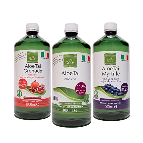 Benessence - Jus d'Aloe Vera aux Myrtilles - Jus et Pulpe d'Aloe Vera à Boire Non Pasteurisés et Non Filtrés - Jus d'aloe vera au jus de grenade - Mélange de jus d'aloès 3L - Fabrique en Italie