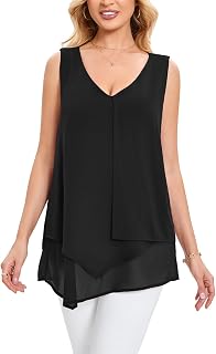 Famulily Damen Ärmelloses Chiffon Tank Top Doppellagig V-Ausschnitt Unregelmäßiger Saum Sommer Bluse Tunika S-XXL