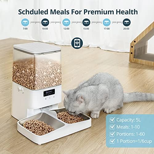 PETEMPO Automatic Cat Feeder, 5L WiFi Enabled Cat Food Dispenser Anti Food Stuck, Double Cat Bowls, 1-60 Portions 10 Meals Per Day, Plug & Battery Powered, for Small Medium Dog Pet