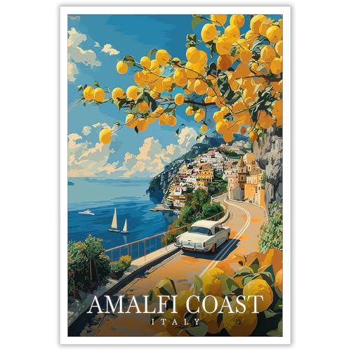 Viokalt Vintage Amalfi Coast Scenery Wall Art Funky Italy City Landscape Canvas Posters Funky European Campania District Travel Prints Painting For Living Room Bedroom Wall Decor 12x16in Unframed