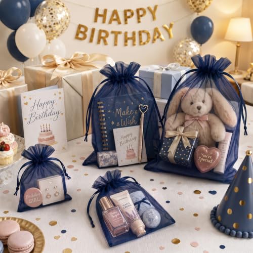 Image of FUNFERY 100PCS Navy Blue Organza Gift Bags 5x7in,Drawstring Jewelry Pouch