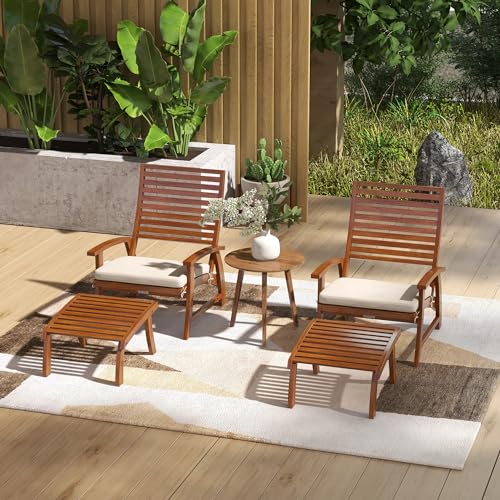 Outsunny Patio Furniture Set, 4 Pieces Outdoor Conversation Bistro Set Garden Chair Sofa Set with Cushion, Patio Acacia Wood Seat with Footstools, Slatted Seat & Backrest, Armrests, Cream White - Image 3