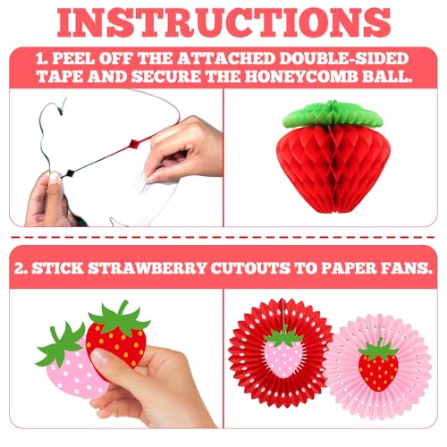 Image of Strawberry Birthday Decorations for Girls, Red Pink White Strawberry Birthday Banner with Tissue Pom Poms Fans Honeycomb Balls Polka Dot Garland and Hanging Swirls Berry Hanging Decor Centerpieces