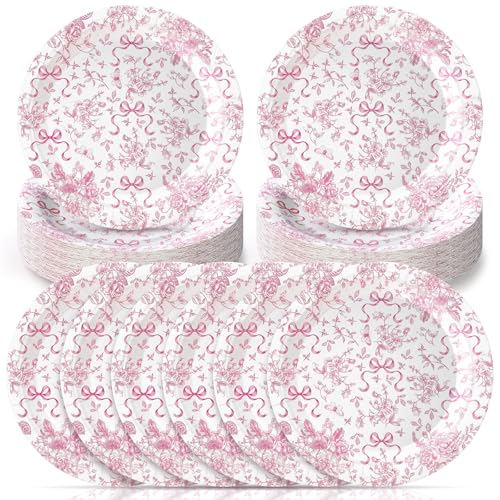 FoldTier 50 Pcs Pink Bow Floral Paper Plates Coquette Party Supplies