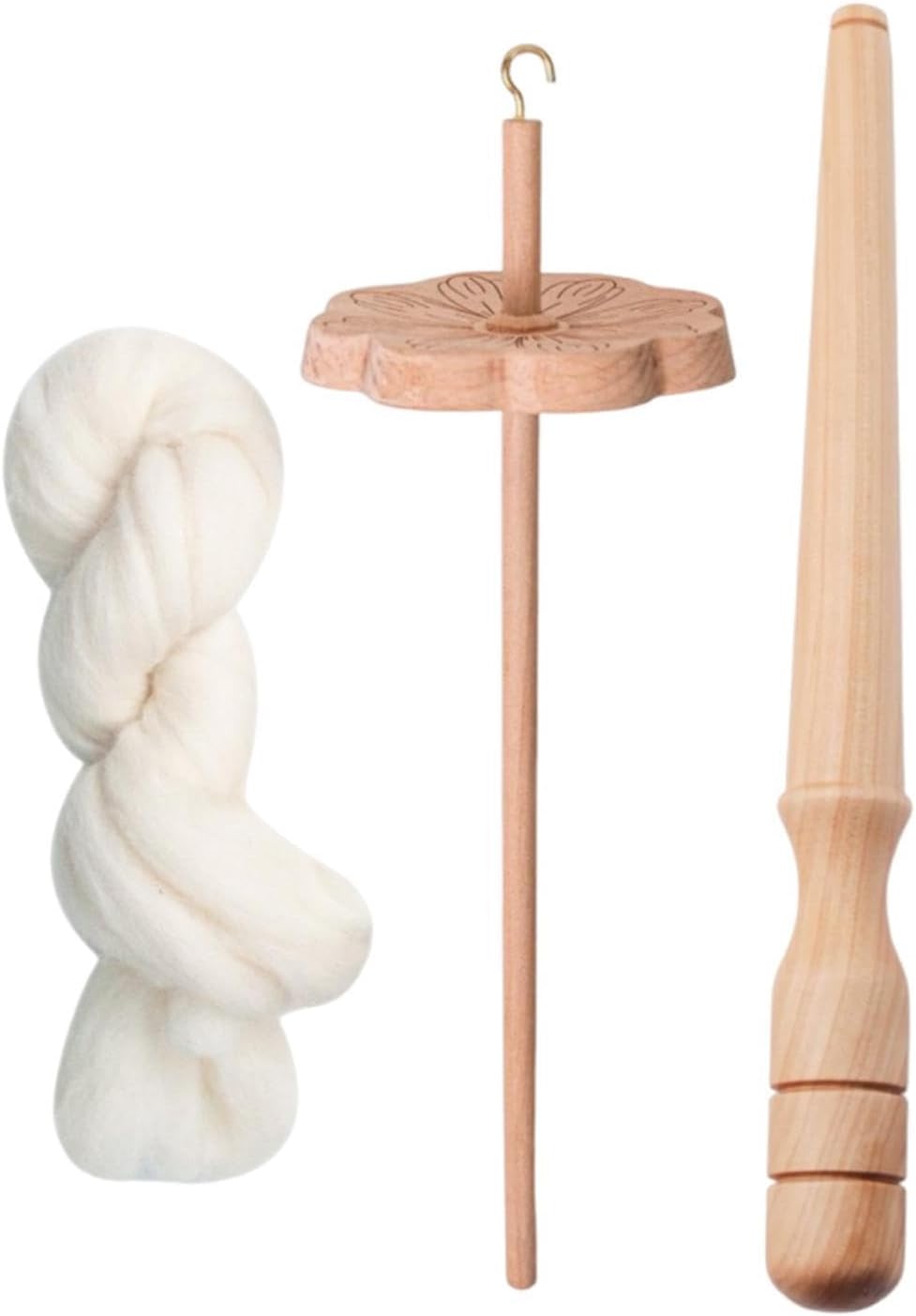 Drop Spindle Hand Carved Crafting Supply with Winder Stick Weaving Spindle Yarn Making Wooden for Woven Crochet Knitted, with Wool Strips