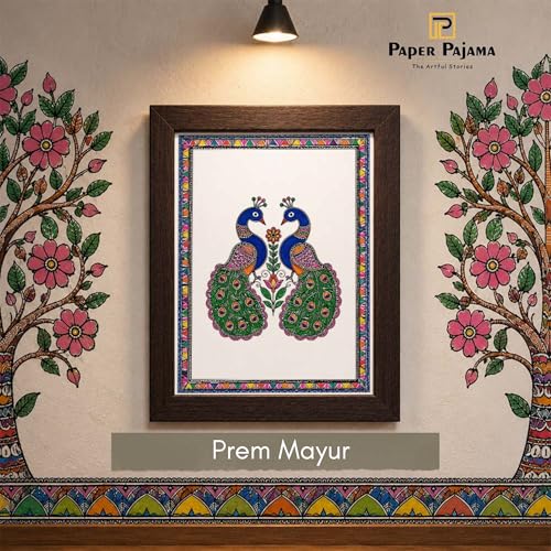 Image of PAPER PAJAMA Peacock Pair Wall Art for Living Room | Madhubani Peacock Painting | Traditional Indian Folk Art Bird Artwork Framed Decor for Home, Bedroom & Office (10x13 Inches)