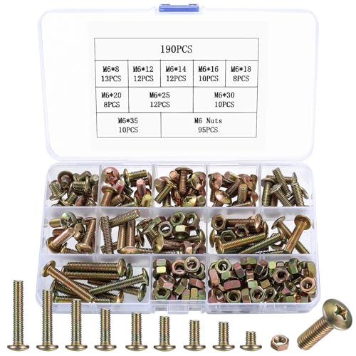 190 Stück M6 Schrauben Set, Linsenkopfschrauben Muttern Set, Kreuzschlitzschrauben und Muttern Set, Maschinenschrauben Sortiment, Flachkopf Gewindeschrauben Set, Motorrad Fahrrad Schrauben Set (M6)