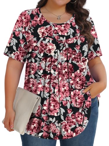 Tencede Womens Plus Size Tops Tunic Short Sleeve Crew Neck Shirts Casual Soft Blouse Retro Flower 5X