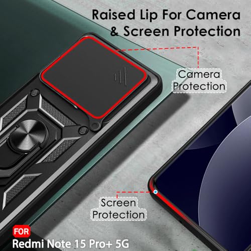 Image of TheGiftKart Tough Armor Bumper Back Cover Case for Mi Redmi Note 15 Pro Plus 5G | Kickstand & Ring Holder | 360 Protection Back Cover for Redmi Note 15 Pro+ (PC & TPU, Rotating Camera Cover, Black)