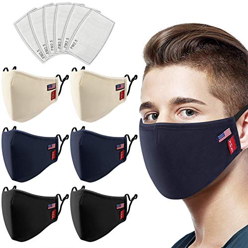XDX Cloth Face Mask Washable, Cloth Masks with Adjustable Ear Loops, Breathable Face Mask with Mask Filter for Women, Men, Unisex Adults(L/XL) - 6 Pack + 6 Mask Filters (US Flag Design)