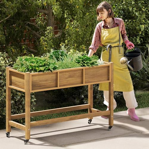 YITAHOME Raised Garden Bed, 47x18x31 Inch HIPS Poly-Wood Weather-Resistant Elevated Planter Box with Lockable Wheels for Vegetable, Brown