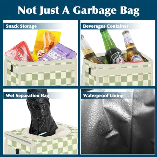 Image of Femuar Leak Proof Car Trash Can with Lid, Collapsible Hanging Waterproof Car Trash Bag with Mesh Pocket for SUV Front Seat Headrest, Beige Light Green Plaid