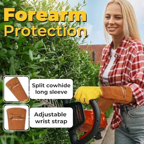 Image of HANDLANDY Rose Pruning Gloves for Men Women, Thorn Proof Gardening Gloves | Long Leather Gardening Gloves, Breathable Leather Gauntlet, Best Garden Gifts & Tools for Gardener (Rust Brown, S)