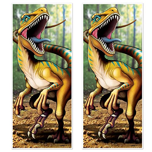 Beistle Plastic Dinosaur Door Covers, 6' x 30", Set of 2 - Dino Themed Party Supplies, Prehistoric Decorations, Tyrannosaurus Birthday Celebration Wall Backdrop & Decor