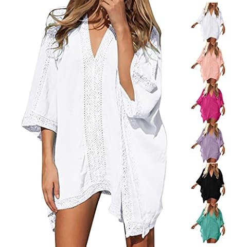 SHOBDW Womens Beach Cover up Fashion Loose Fit Chiffon Shawl Tops Solid Color 3/4 Sleeve Beach Dress Summer V Neck Beachwear Casual Bikini Cover up Cover