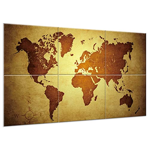 Jber Wall Art Vintage World Map Painting On Fiberboard, 6 Panels Spliced Into A Large Self-Adhesive Wall Decorative Art Pictures, Wall Decor For Living Room, Bedroom, Office. 47.2" X 27"X 0.4" #TOP19