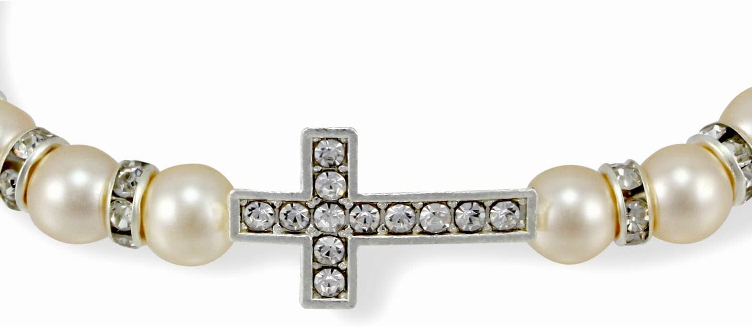 Women's Rosary Bracelet Pearl Beads Miraculous Medal Rhinestone Cross - Image 2