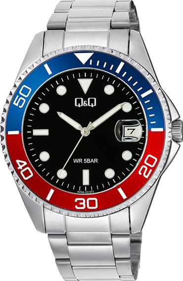 Image of Q&Q Analog Watch for Men | Black Dial with Date Display | Stainless Steel Silver Strap | Fixed Blue Red Bezel Design | 5 BAR Water Resistant | Quartz Men's Wrist Watch | A49A-001PY