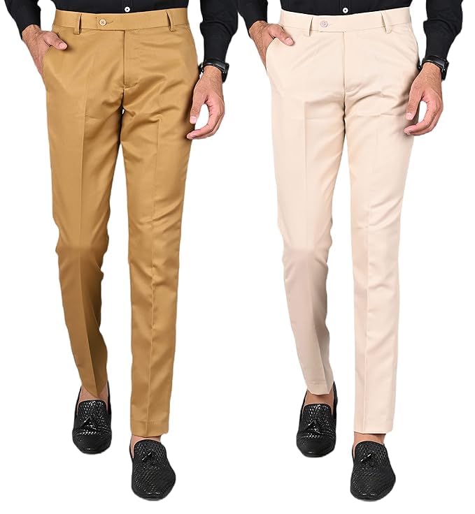 Men's Slim Fit Formal Trousers-Khaki & Cream, Pack of 2-picture-27