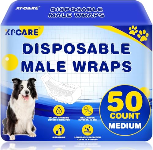 Image of 50 Count Disposable Dog Diapers Male with Wetness Indicator(Medium) | Dog Belly Band Belly Bands for Male Dogs Male Dog Wraps,Super Absorbent Leak-Proof Fit for Incontinence Marking