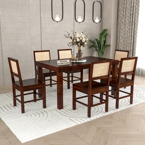 Image of Solid Sheesham Wood 6 Seater Dining Table Set with Chairs for Dining Room | Living Room | Home & Office | Hotels Restaurant & Cafe (6 Seater, Walnut Finish)