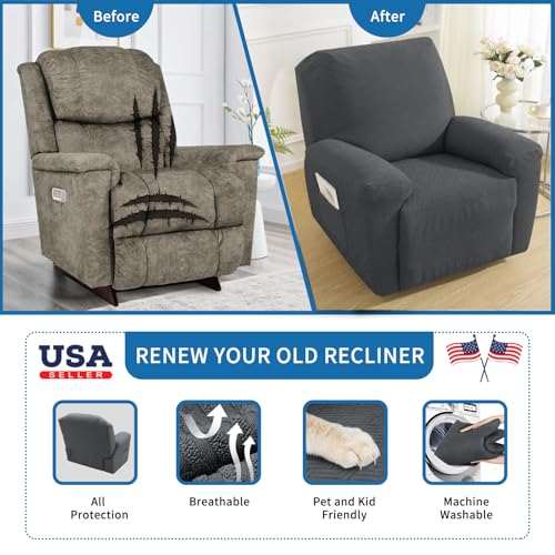 XINEAGE 4-Piece Recliner Cover Stretch Jacquard Slipcover with Pocket, Washable Recliner Chair Protector for Kids, Pets, Dogs, Cats (Dark Gray)