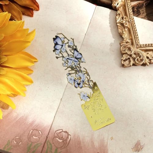 Image of Butterfly Metal Bookmark Set of 4, Vintage Cutout Rose Flower Sunflower Tassel Decorative Book Markers for Books, Textured Reading Accessories Gifts for Women Men Students