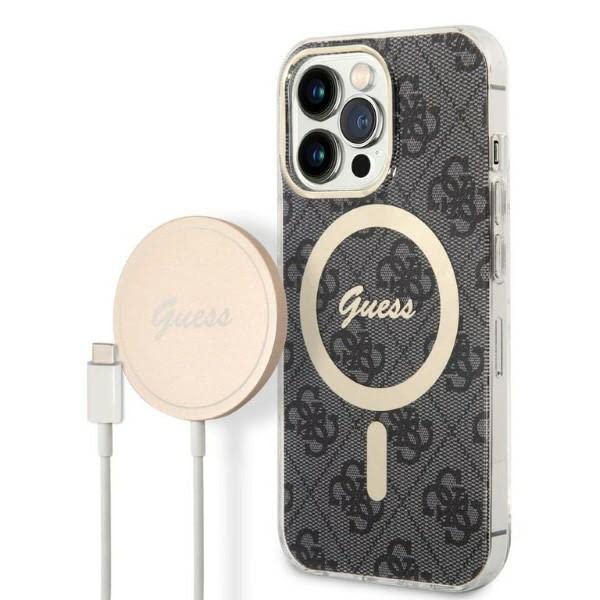 GUESS Bundle GUBPP13XH4EACSK Coque et Chargeur iPhone 13 Pro Max Noir Hard Case 4G Print